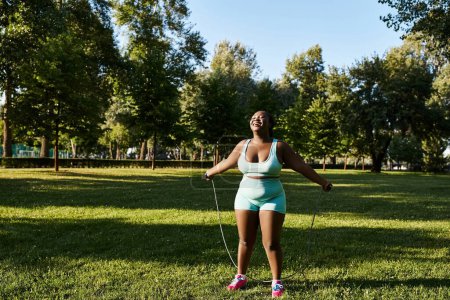 Foto de Una mujer afroamericana con curvas en sujetador deportivo verde y pantalones cortos azules sostiene una cuerda para saltar - Imagen libre de derechos