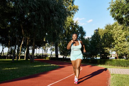 Una mujer afroamericana con curvas en ropa deportiva corriendo sobre una vibrante pista roja.
