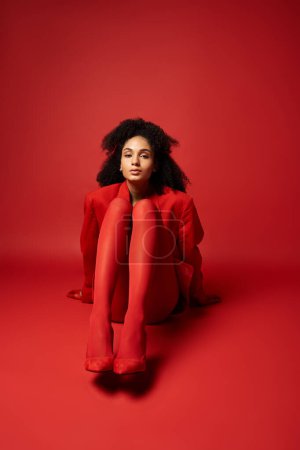 A young woman in a red jacket and tights sits on the ground in a vibrant studio setting.
