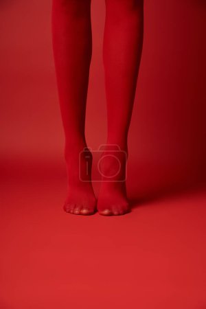 Téléchargez les photos : Une jeune femme avec des bas rouges vibrants frappant une pose dans un cadre de studio. - en image libre de droit