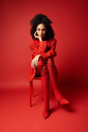 Téléchargez les photos : Une jeune femme dans une robe rouge saisissante assise gracieusement sur une chaise rouge vibrante. - en image libre de droit