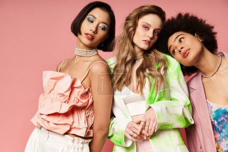 Eine Gruppe unterschiedlicher Frauen steht elegant zusammen vor rosa Studiohintergrund.