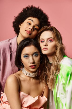 Tres modelos de diferentes etnias posando con estilo frente a un vibrante fondo rosa.
