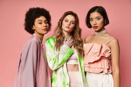 Drei schöne Frauen unterschiedlichster Herkunft stehen zusammen und präsentieren multikulturelle Einheit auf rosa Studiohintergrund.