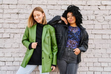 Foto de Dos mujeres de diferentes etnias en ropa casual se paran una al lado de la otra frente a una pared de ladrillo. - Imagen libre de derechos