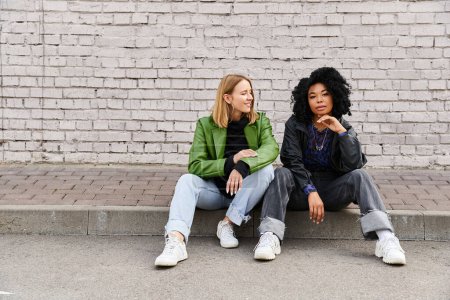 Dos mujeres diversas con atuendo casual sentadas en una acera junto a una pared de ladrillo.