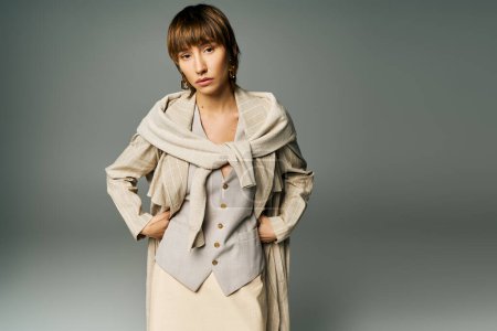 A stylish young woman with short hair strikes a confident pose in a dress and jacket in a studio setting.