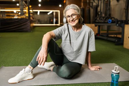 Photo for Jolly good looking mature woman with glasses and gray hair sitting on floor and smiling at camera - Royalty Free Image
