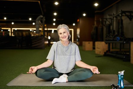 mujer madura positiva de buen aspecto con pelo gris en ropa deportiva meditando y mirando a la cámara