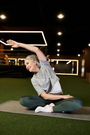 Photo for Joyous beautiful senior woman in cozy sportswear with gray hair stretching her muscles in gym - Royalty Free Image