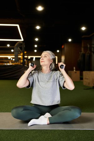 Photo for Mature joyous beautiful sportswoman with gray hair exercising actively with dumbbells while in gym - Royalty Free Image