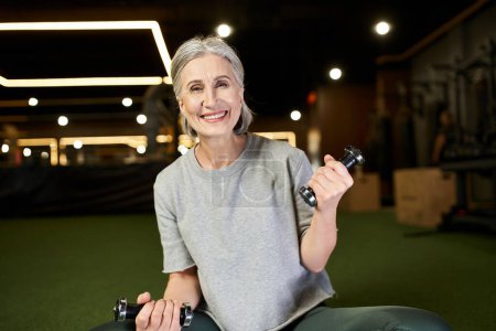 Photo for Jolly mature woman with gray hair in sportswear exercising with dumbbells and smiling at camera - Royalty Free Image