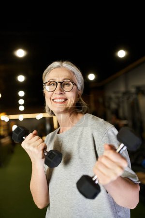 joyous senior woman with glasses and gray hair exercising with dumbbells and smiling at camera