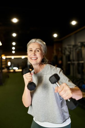 Foto de Bien parecido feliz madura deportista con canas ejercicio con mancuernas y mirando a la cámara - Imagen libre de derechos