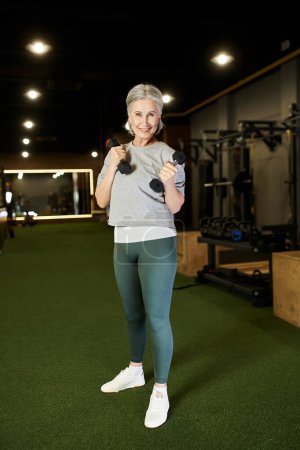 mujer mayor atractiva positiva en ropa deportiva haciendo ejercicio con mancuernas y mirando a la cámara