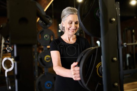 positif femme âgée aux cheveux gris en vêtements de sport regardant loin à côté de disques de poids tandis que dans la salle de gym