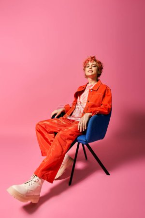 Téléchargez les photos : Femme élégante se prélasser dans la chaise sur fond rose vif. - en image libre de droit