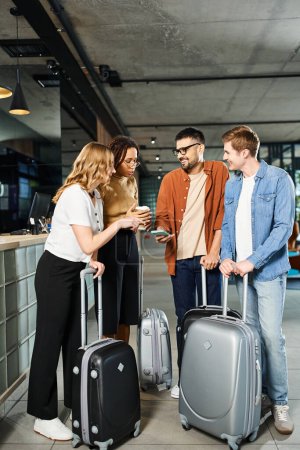 Photo for Multicultural colleagues in casual attire gather with luggage in a hotel lobby during a corporate trip. - Royalty Free Image