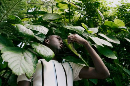 Téléchargez les photos : Beau Afro-Américain en tenue élégante debout parmi les feuilles vertes vibrantes. - en image libre de droit