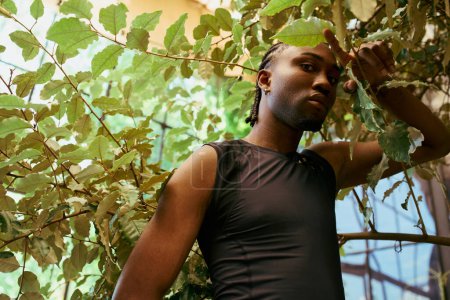 Ein eleganter afroamerikanischer Mann in schicker Kleidung steht anmutig vor einem sattgrünen Baum und hält zart ein Blatt.