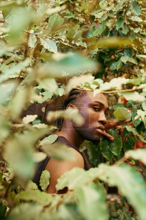 Handsome African American man with sophisticated style hiding among lush green tree leaves.