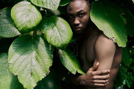 Shirtless man hides behind a large green leaf in a vibrant garden.