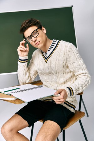 A young man in glasses sits at a desk with a notebook, deep in thought.