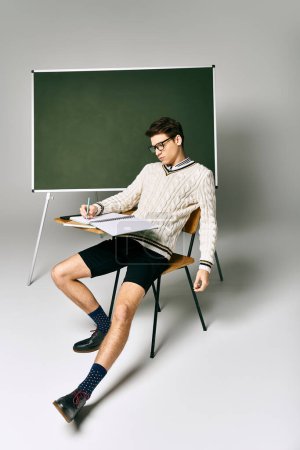 A man in a chair by a blackboard at college.
