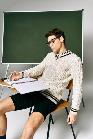 Schöner Student in Uniform sitzt vor einem grünen Brett in einem College-Setting.