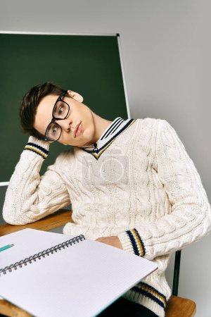 Ein Mann mit Brille sitzt an einem Schreibtisch mit einem Notizbuch, tief in Gedanken.
