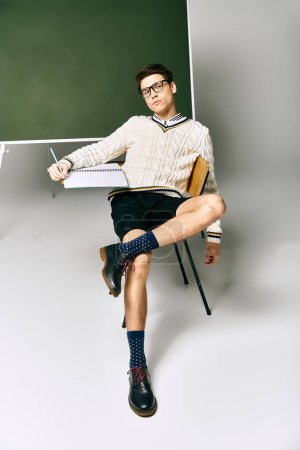 Foto de Un hombre de uniforme sentado frente a un tablero verde en un aula universitaria. - Imagen libre de derechos