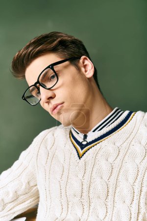 Un joven con gafas y un suéter en la universidad
