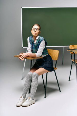 female student in uniform sitting in front of green board, absorbed in learning.