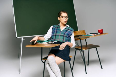 Photo for A young woman in uniform sits at a desk in front of a green board in a college classroom. - Royalty Free Image