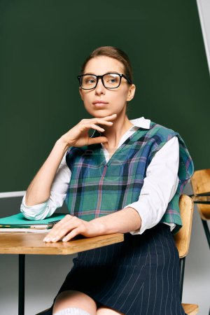 Eine Frau mit Brille sitzt an einem Schreibtisch in einem Klassenzimmer und lernt aufmerksam.