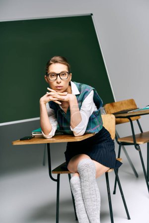 Young female student in uniform sitting at desk in front of chalkboard.