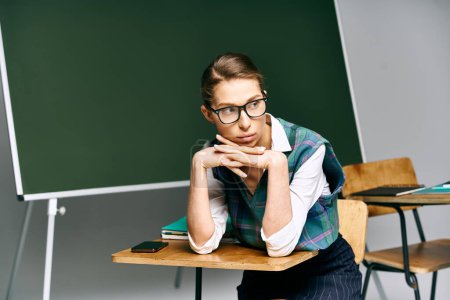 Studentin mit Brille, am Schreibtisch sitzend, vor einer Tafel studierend.