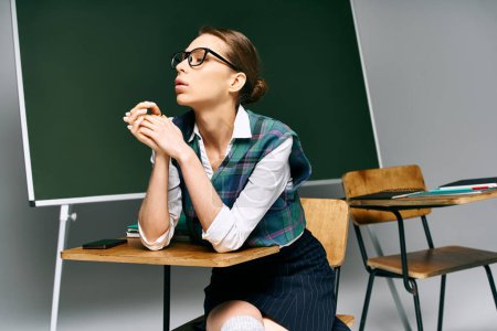 Téléchargez les photos : Jeune femme en uniforme assise à un bureau devant un tableau vert dans un cadre universitaire. - en image libre de droit