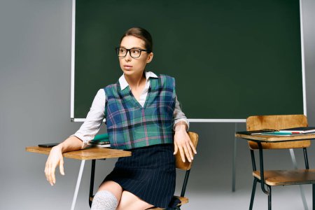 Mujer joven en uniforme escolar sentada en el escritorio frente a la pizarra verde.