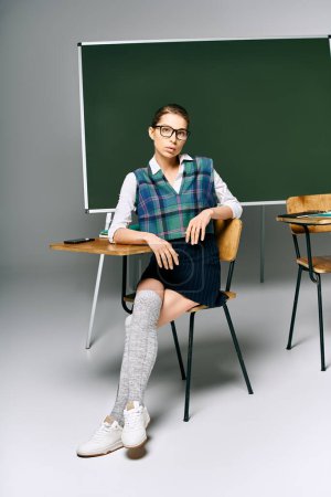 Photo for Young female student in uniform seated by green chalkboard. - Royalty Free Image