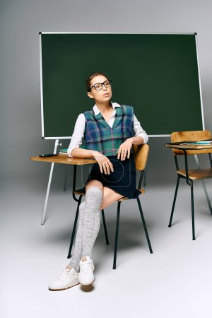 A female student in uniform sits attentively in front of a green board.