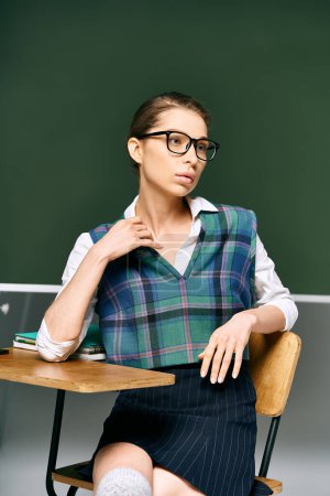 Junge Frau mit Brille am Schreibtisch im Klassenzimmer.