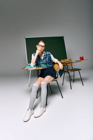 Téléchargez les photos : A young female student in school uniform seated before a green board, immersed in thought. - en image libre de droit