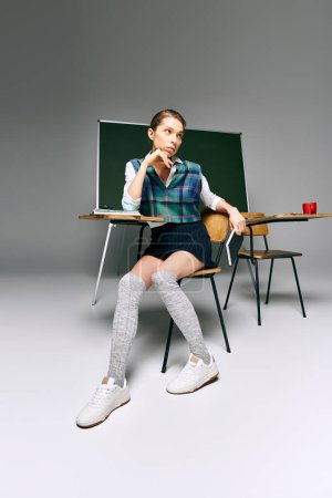 Young female student in uniform sitting by green board in classroom.