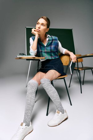 Foto de Una mujer con estilo en calcetines de rodilla alta se sienta en un escritorio en un aula de la universidad. - Imagen libre de derechos