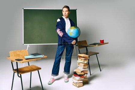 A woman stands by a desk with books and a globe.