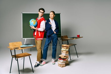 Zwei Studenten posieren vor einer grünen Tafel mit einer Weltkugel in einem College-Klassenzimmer.