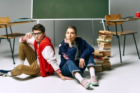 Young male and female students dressed casually, sitting on floor surrounded by books.