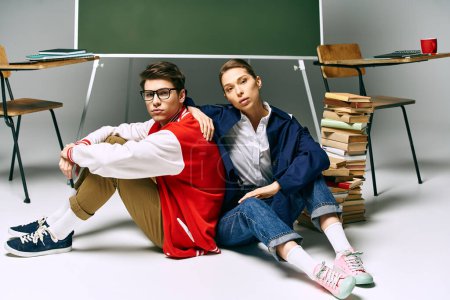 Foto de Dos jóvenes, un hombre y una mujer, sentados en el suelo junto a un escritorio de la escuela en un aula universitaria. - Imagen libre de derechos