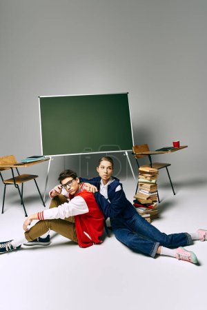 Un étudiant et une étudiante posant devant un tableau vert dans une salle de classe d'un collège.